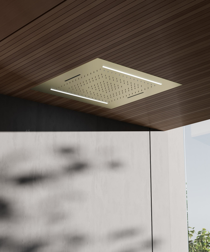 Set doccia termostatico, soffione multifunzione 70x70 cm a LED - Oro spazzolato