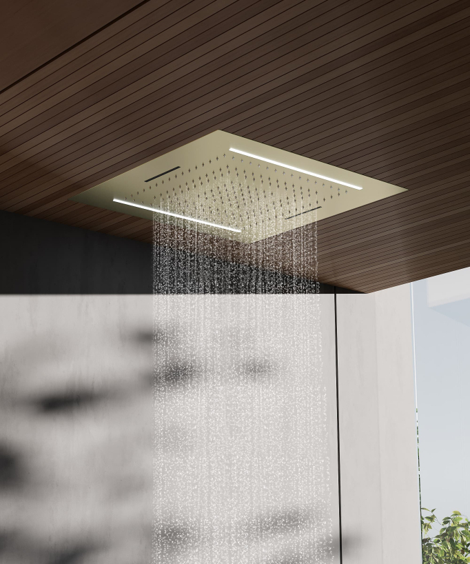 Set doccia termostatico, soffione multifunzione 70x70 cm a LED - Oro spazzolato