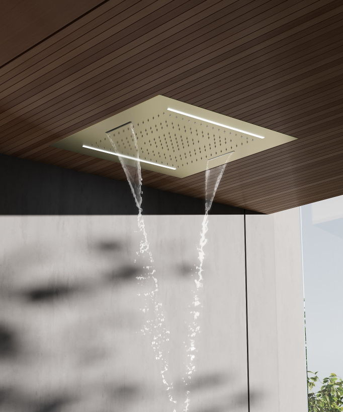 Set doccia termostatico, soffione multifunzione 70x70 cm a LED - Oro spazzolato