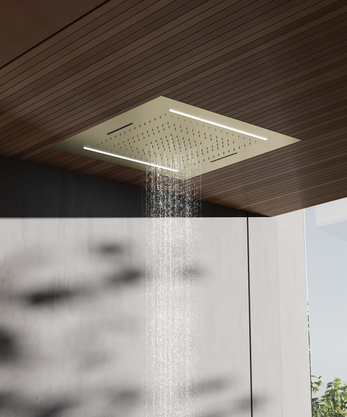 Set doccia termostatico, soffione multifunzione 70x70 cm a LED - Oro spazzolato
