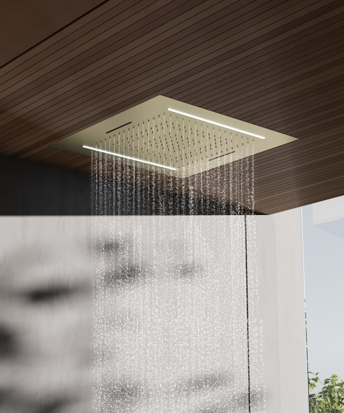 Set doccia termostatico, soffione multifunzione 70x70 cm a LED - Oro spazzolato