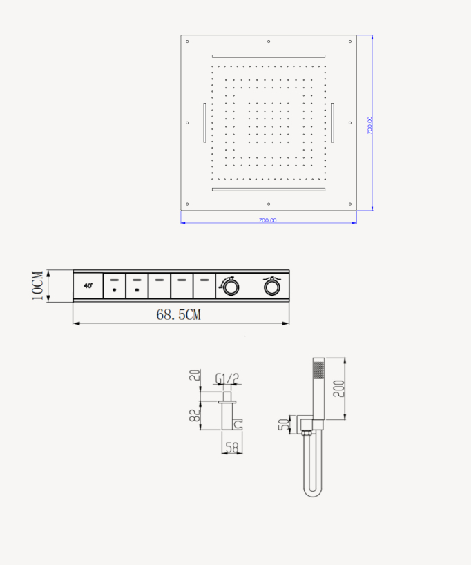 Set doccia termostatico, soffione multifunzione 70x70 cm a LED - Gun metal