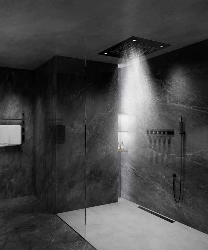 Pannello doccia termostatico con soffione a LED 800x600 mm - Nero