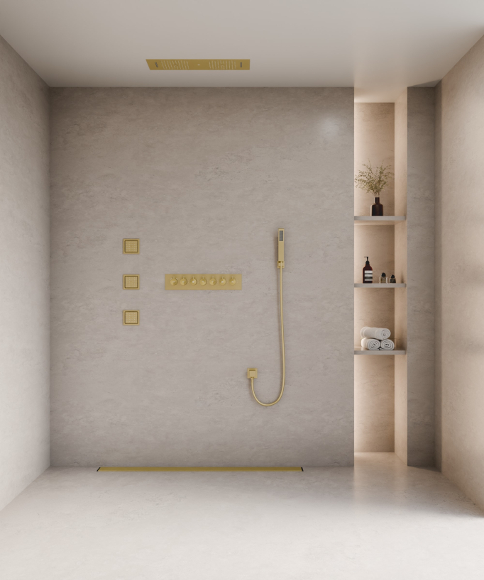 Pacchetto doccia termostatico con 3 getti LED Oro spazzolato - 900x300 mm - small