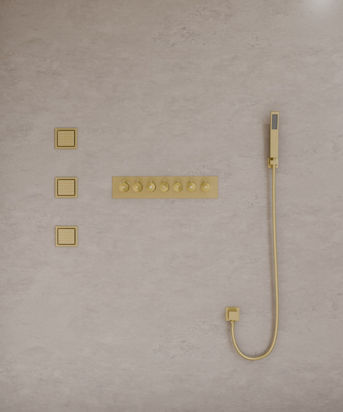 Pacchetto doccia termostatico con 3 getti LED Oro spazzolato - 900x300 mm