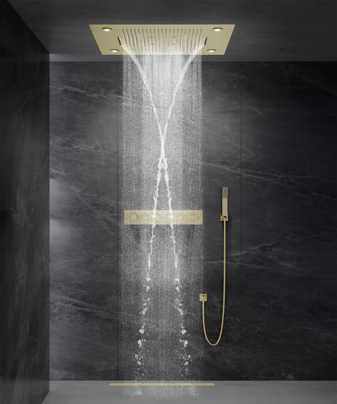 Pannello doccia termostatico con soffione LED 800x600 mm - Oro spazzolato