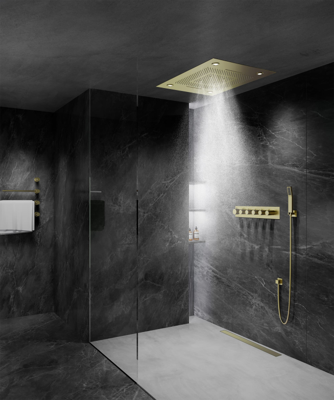 Pannello doccia termostatico con soffione LED 800x600 mm - Oro spazzolato