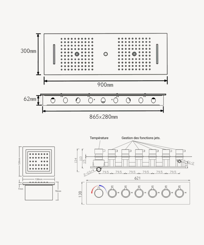 Gruppo doccia termostatico con 3 getti LED - 900x300 mm