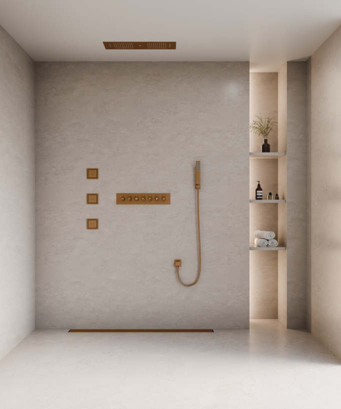Pacchetto doccia termostatico con 3 getti a LED Oro rosa spazzolato - 900x300 mm