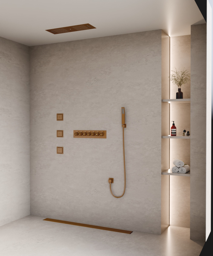Pacchetto doccia termostatico con 3 getti a LED Oro rosa spazzolato - 900x300 mm