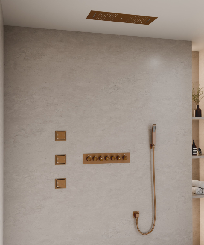Pacchetto doccia termostatico con 3 getti a LED Oro rosa spazzolato - 900x300 mm