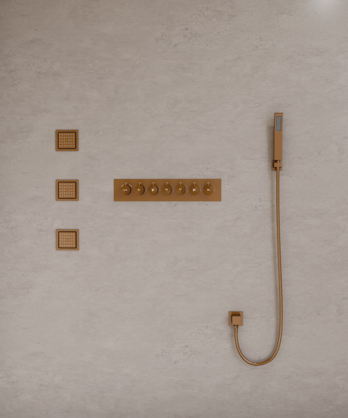 Pacchetto doccia termostatico con 3 getti a LED Oro rosa spazzolato - 900x300 mm