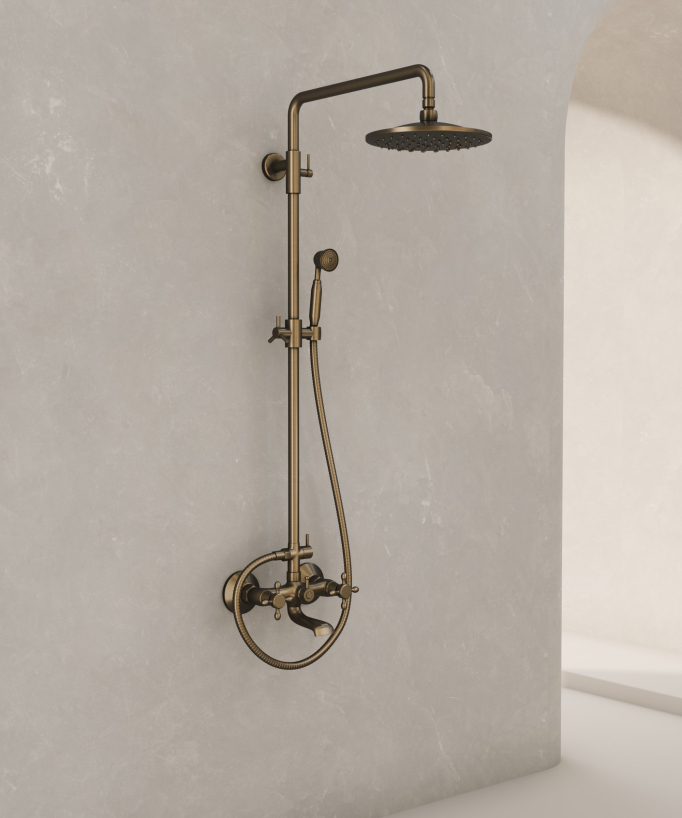 Colonna doccia classica in ottone antico con bocca vasca