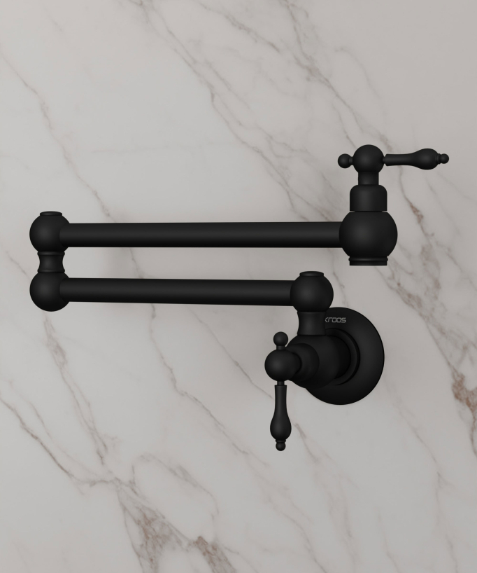 Rubinetto cucina retrattile a parete a due maniglie con doppio snodo girevole - acqua fredda - nero