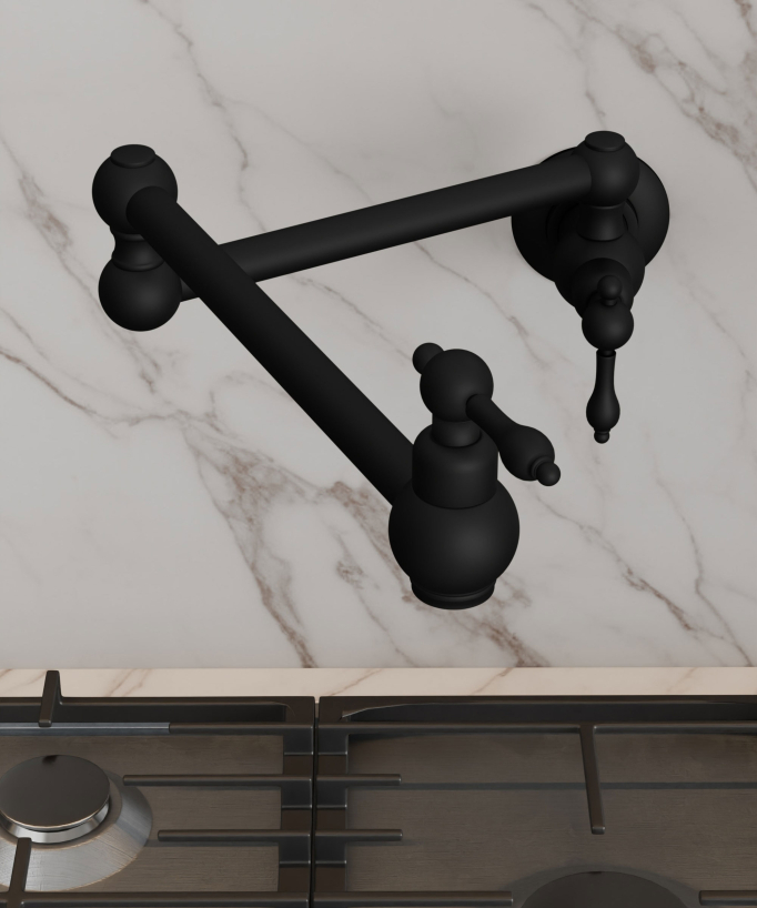 Rubinetto cucina retrattile a parete a due maniglie con doppio snodo girevole - acqua fredda - nero