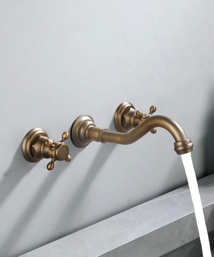Rubinetto lavabo a parete retrò in bronzo con manopole a croce - Rome