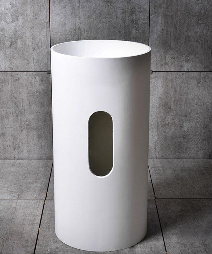 Lavabo a piedistallo rotondo sofisticato in resina bianco opaco o lucido
