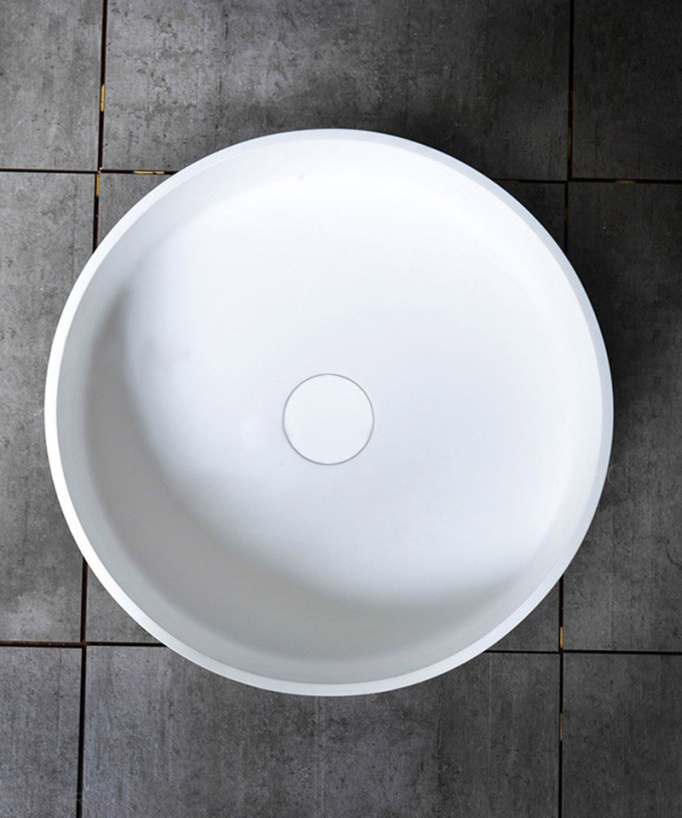 Lavabo a piedistallo rotondo sofisticato in resina bianco opaco o lucido