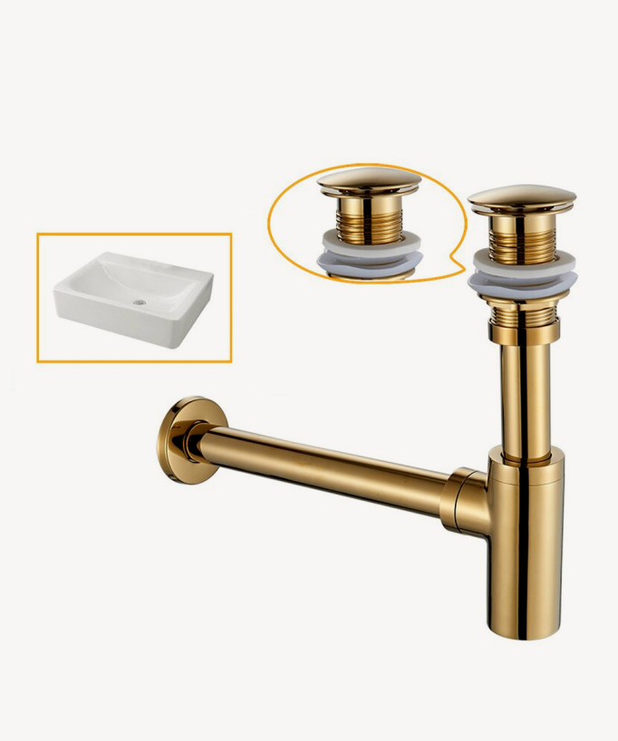 Sifone lavabo cilindrico con piletta senza troppo pieno in ottone Dorato