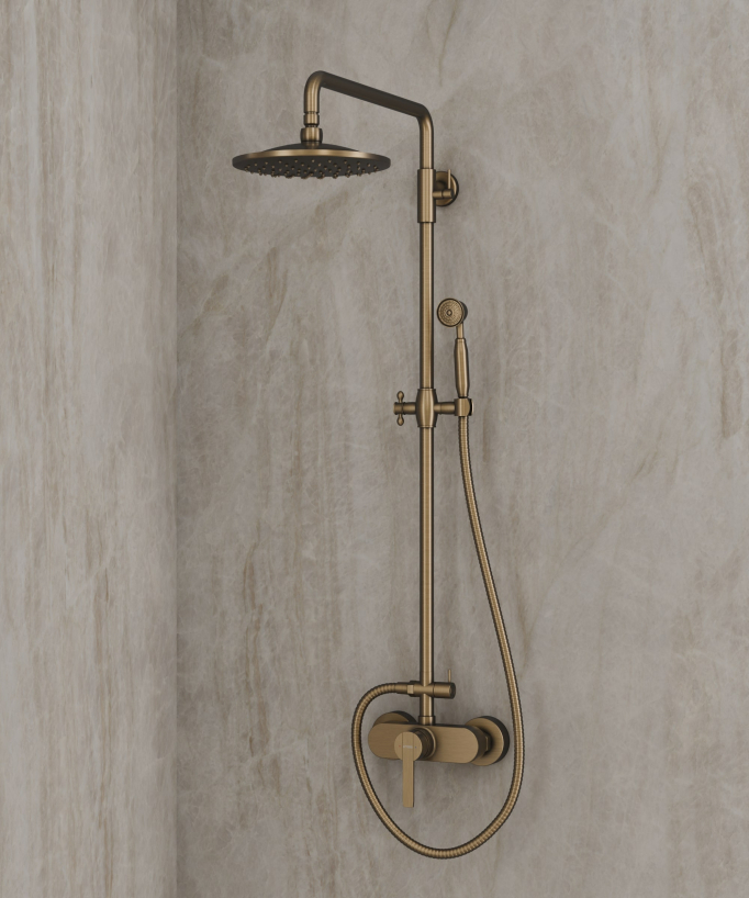 Colonne de douche mécanique, en laiton antique, constituée d'un pommeau de douche à jet de pluie, d'une douchette avec support réglable en hauteur, d'une poignée pour régler la température et d'un inverseur