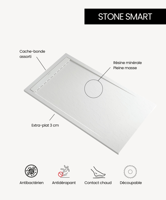 Piatto doccia Bianco, finitura Liscia Stone SMART, griglia colorata